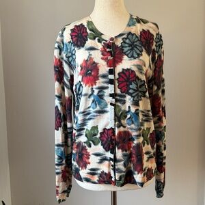 Maliparmi Cardigan Button Front Patterned Knit Top Large Floral Beaded Sweater